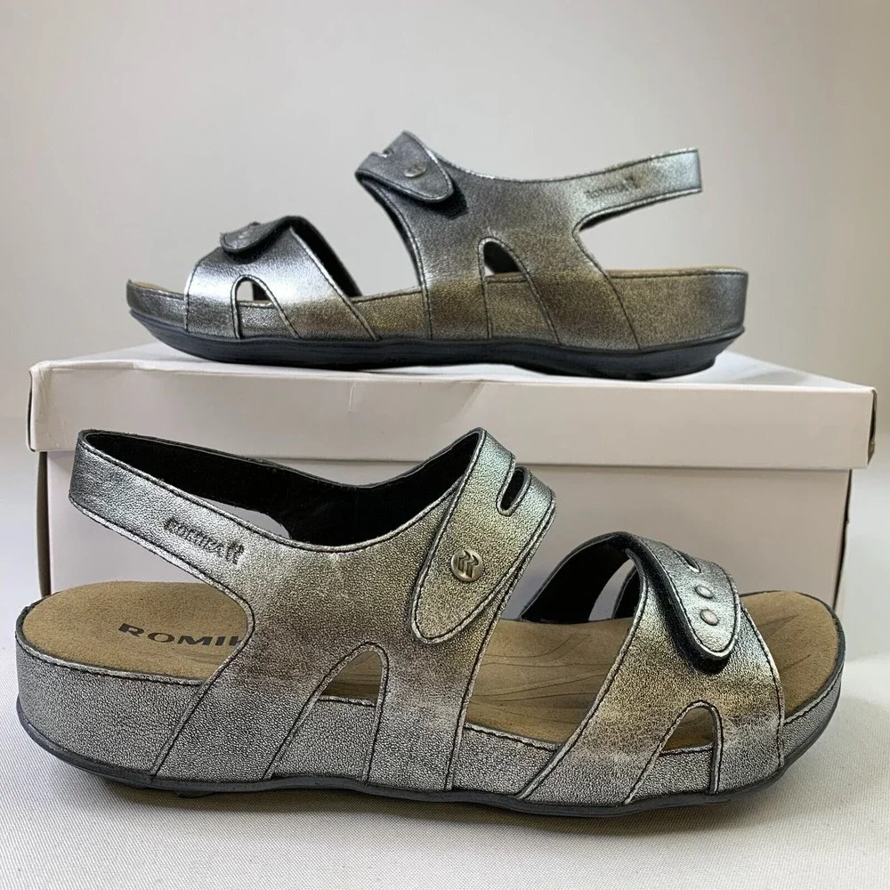 Romika Womens Fidschi 43 Sandal Anthrazite Metallic Grey Strappy Slip-Ons Sz 6.5